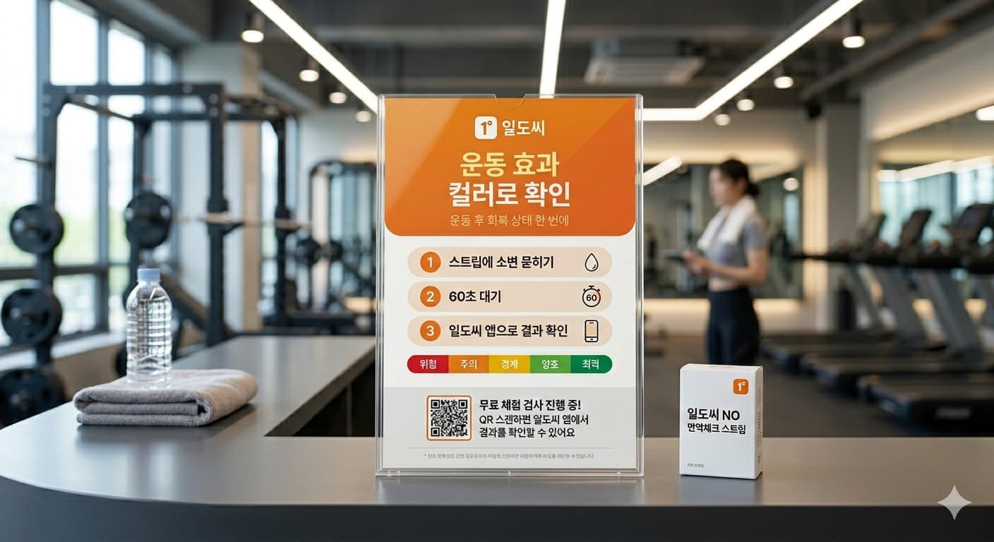 헬스장 카운터에 비치된 일도씨 운동 회복 스트립 안내문