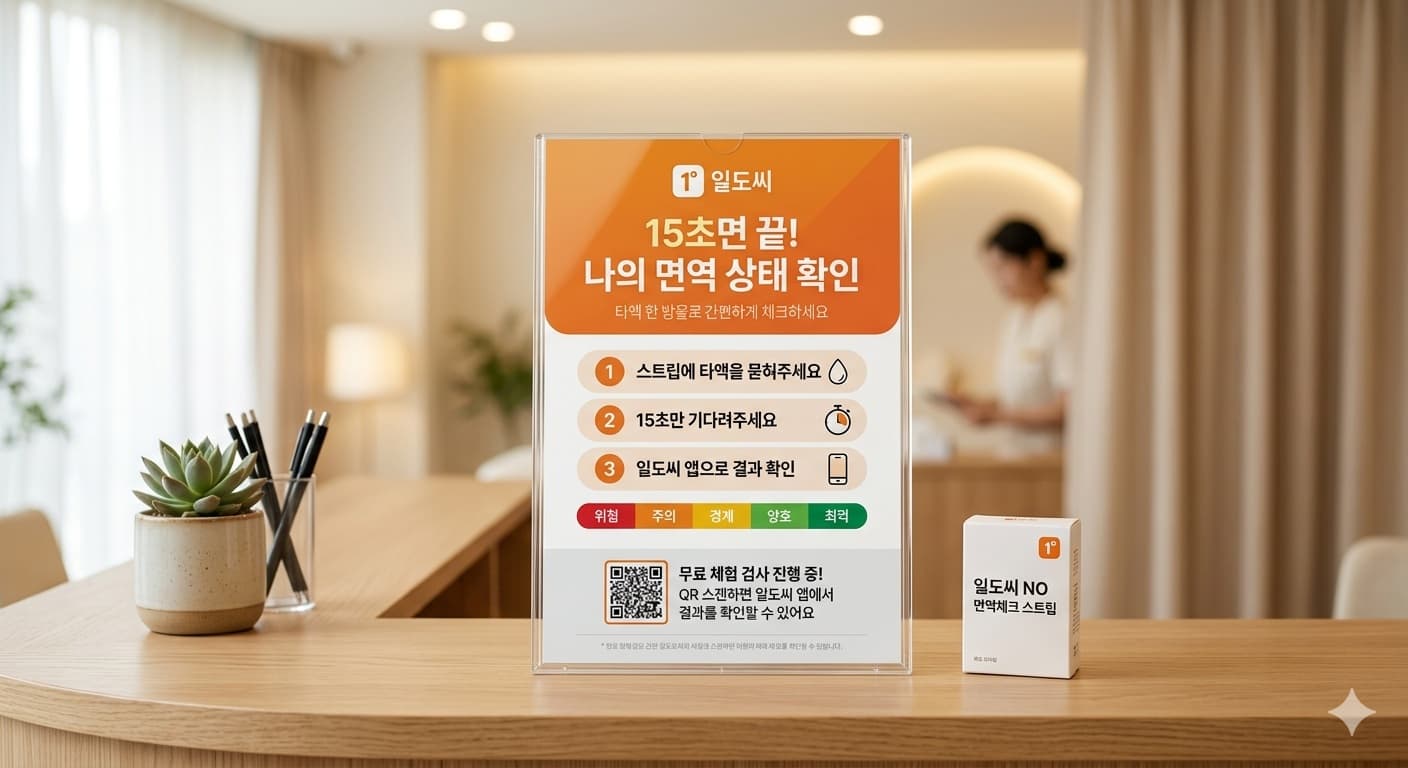 체험방 카운터에 비치된 일도씨 NO 면역체크 스트립 안내문