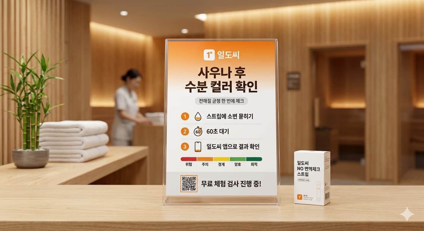 사우나 카운터에 비치된 일도씨 수분 체크 스트립 안내문